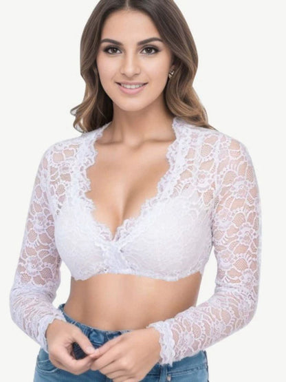 1950s Solid Lace Illusion Long-Sleeve Crop Top