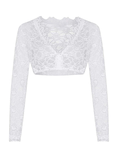 1950s Solid Lace Illusion Long-Sleeve Crop Top