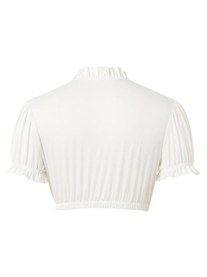 White 1950s Solid Ruched Square Neck Puff Crop Blouse