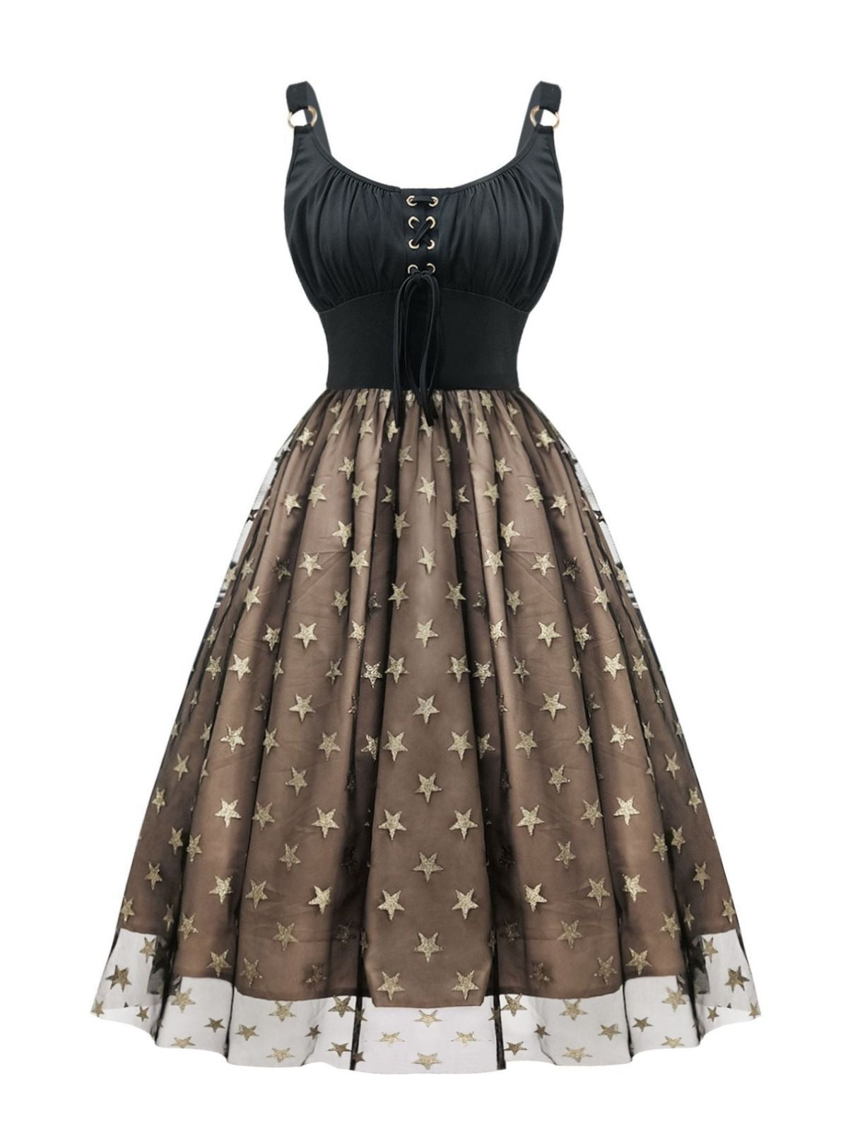 Black 1950s Gold Star Sequined Mesh Ruched Dress