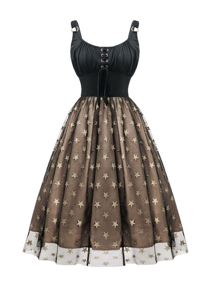 Black 1950s Gold Star Sequined Mesh Ruched Dress
