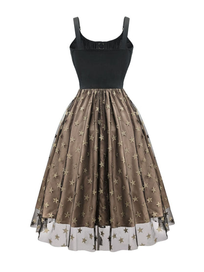 Black 1950s Gold Star Sequined Mesh Ruched Dress