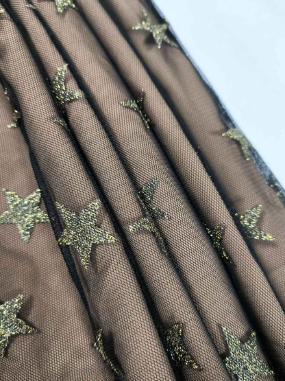 Black 1950s Gold Star Sequined Mesh Ruched Dress
