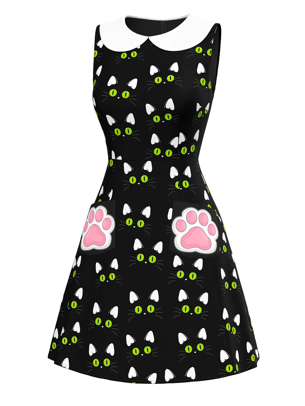Black 1960s Cat Print Paw Pockets Dress