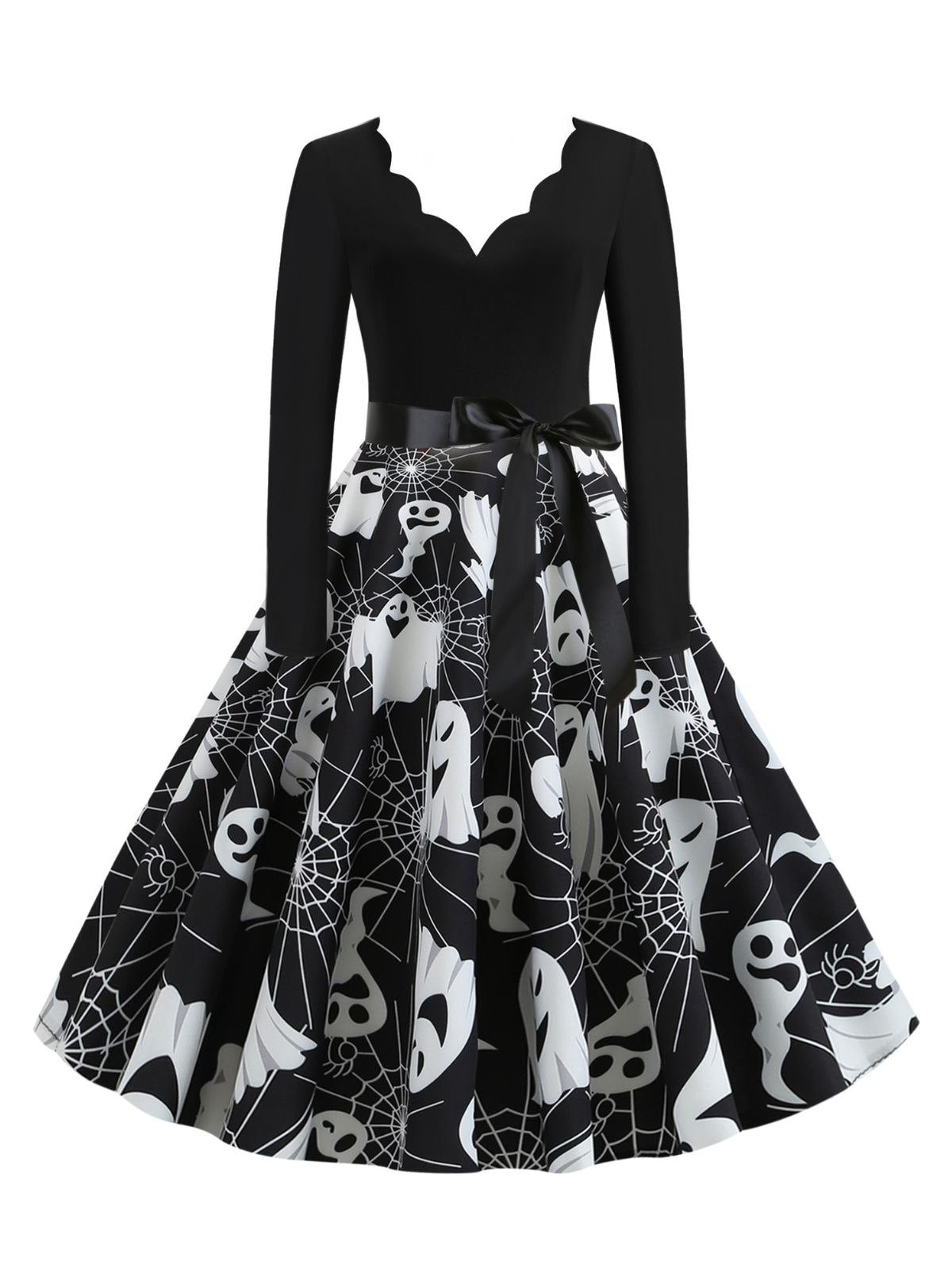 1950s Halloween Pumpkin Spiderweb Petal Neck Dress
