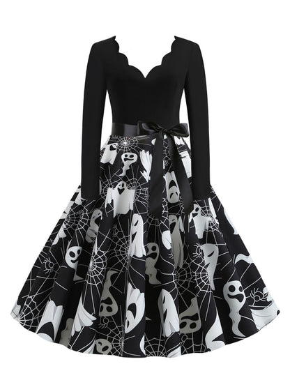 1950s Halloween Pumpkin Spiderweb Petal Neck Dress