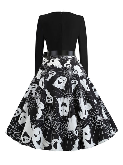 1950s Halloween Pumpkin Spiderweb Petal Neck Dress