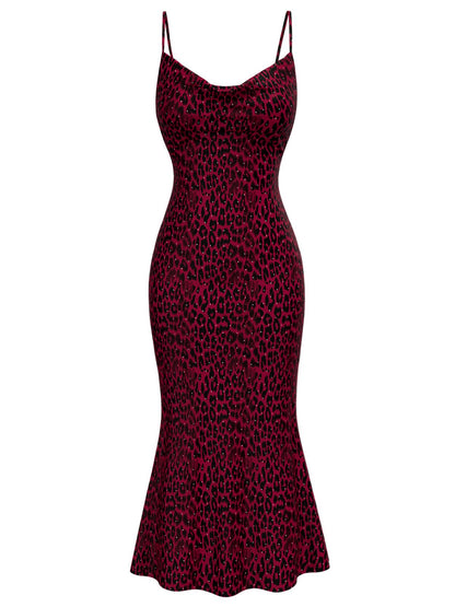 [Pre-Sale] Red 1930s Leopard Spaghetti Strap Fishtail Dress