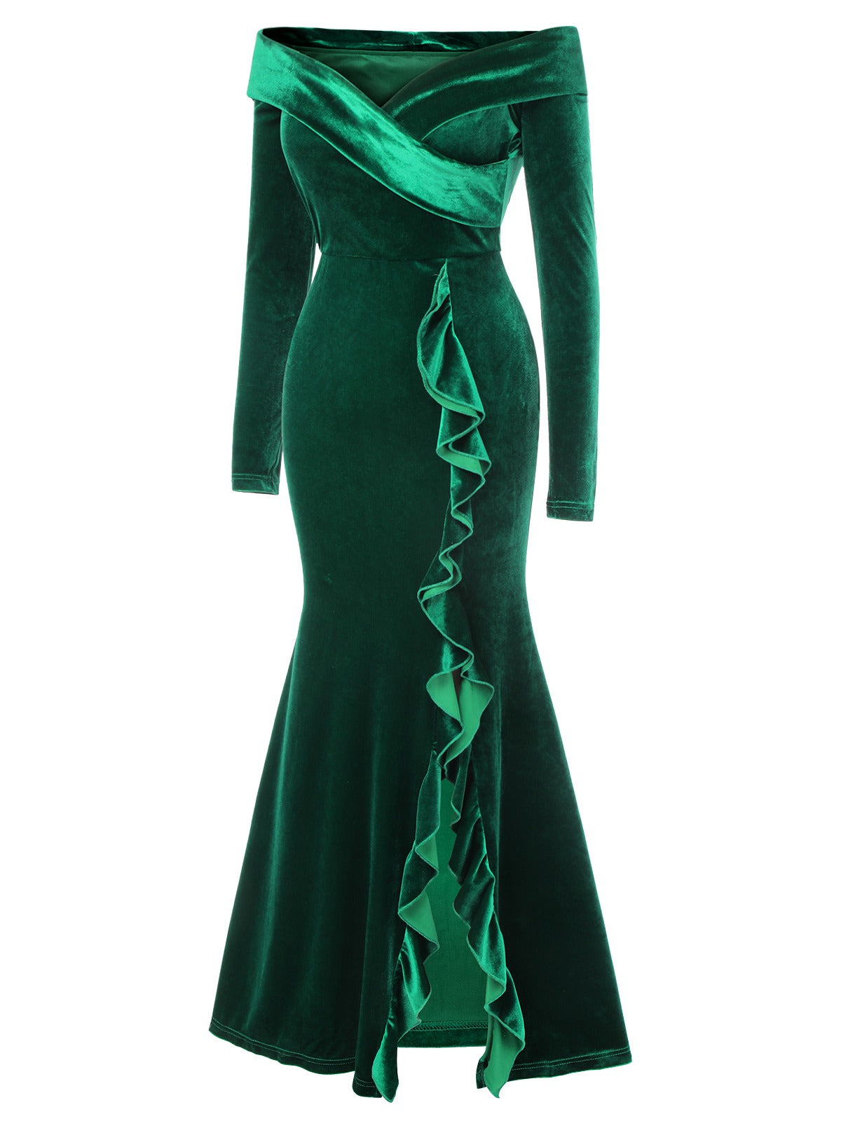 Green 1930s Velvet Off-Shoulder Ruffle-Trim Mermaid Dress