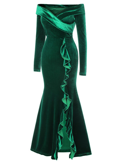 Green 1930s Velvet Off-Shoulder Ruffle-Trim Mermaid Dress