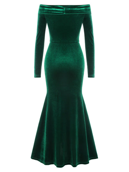 Green 1930s Velvet Off-Shoulder Ruffle-Trim Mermaid Dress