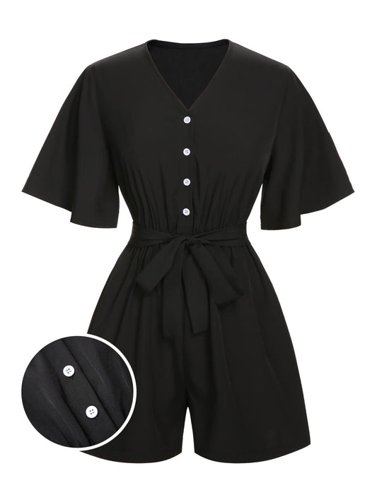 ‍Black 1960s Solid Flare Sleeve V-Neck Romper (86% off)