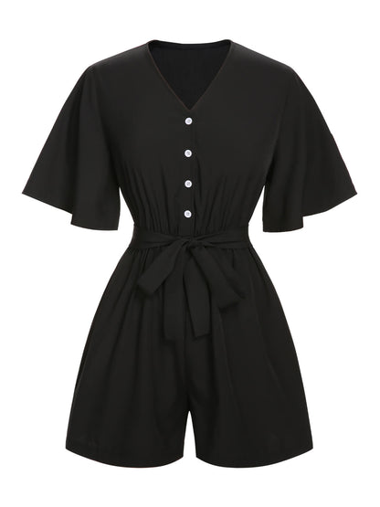 ‍Black 1960s Solid Flare Sleeve V-Neck Romper (86% off)