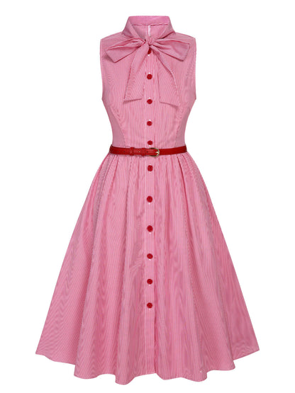 Pink 1950s Pinstripes Tie Collar Dress