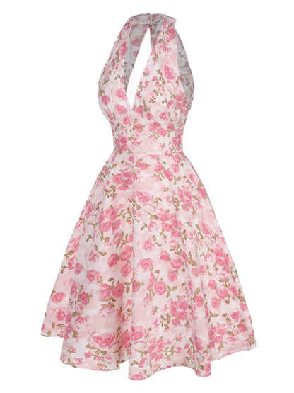 Orange 1950s Floral V-Neck Dress