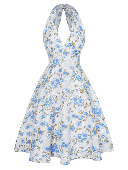 Orange 1950s Floral V-Neck Dress