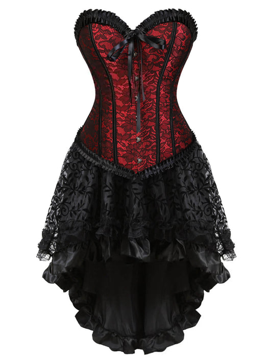 2PCS 1970s Steampunk Lace Corset & High Low Skirt