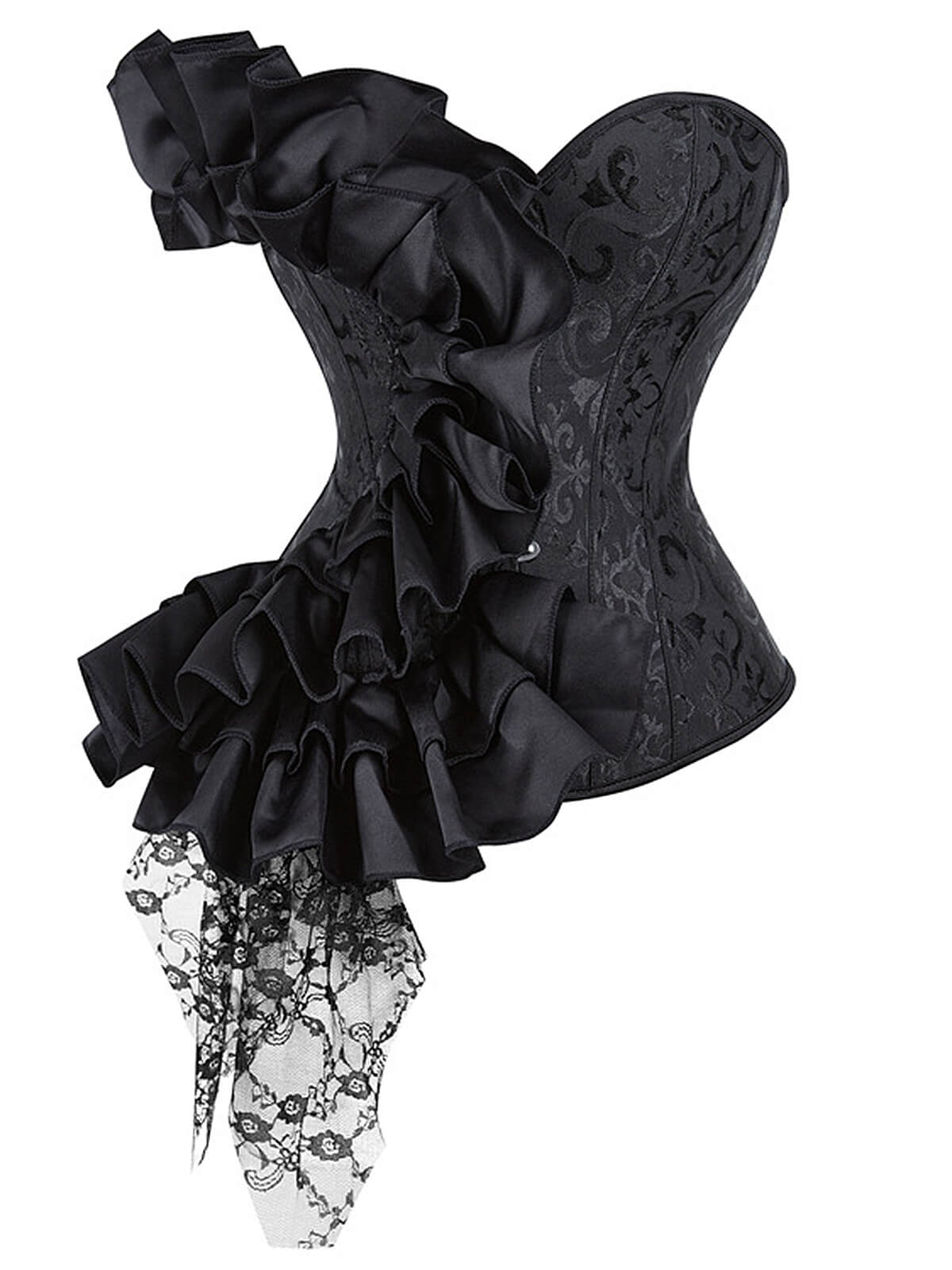 Black 1970s Stempunk Ruffled Lace Patchwork Corset