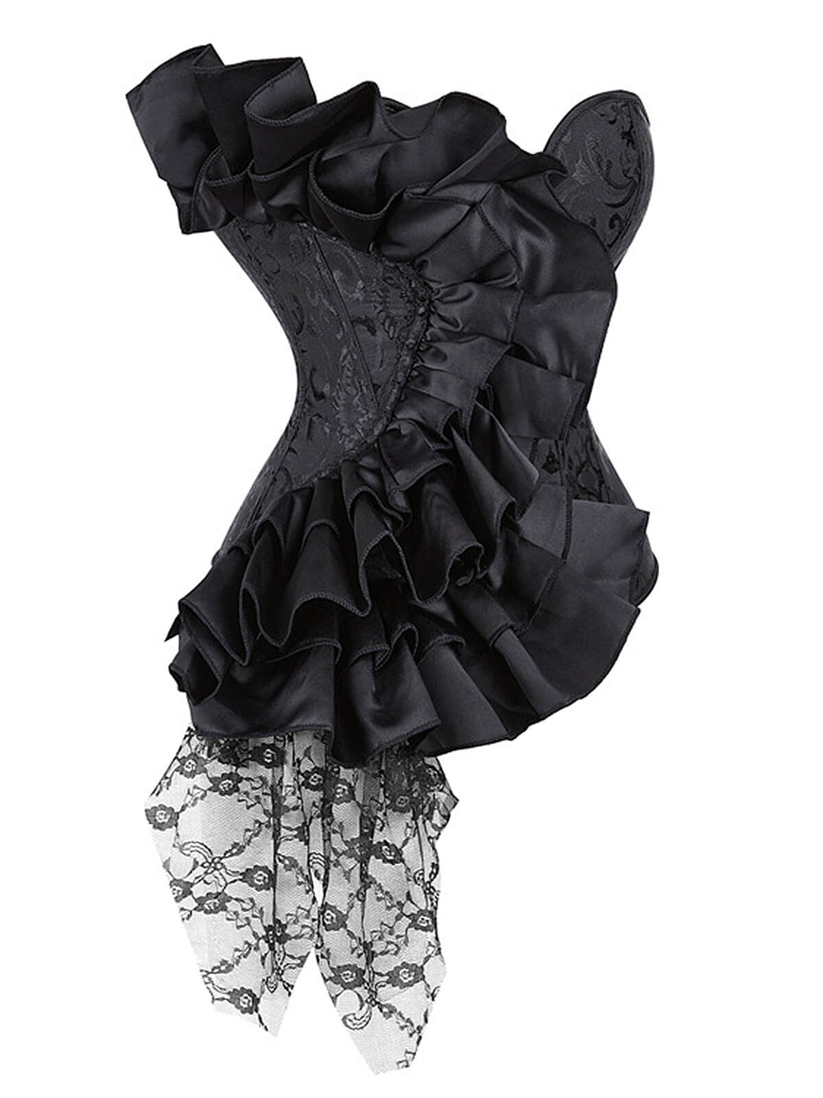 Black 1970s Stempunk Ruffled Lace Patchwork Corset