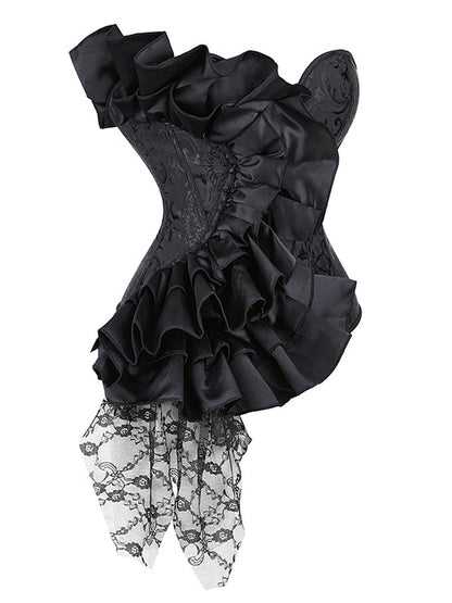 Black 1970s Stempunk Ruffled Lace Patchwork Corset