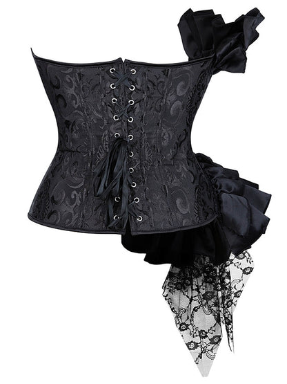 Black 1970s Stempunk Ruffled Lace Patchwork Corset