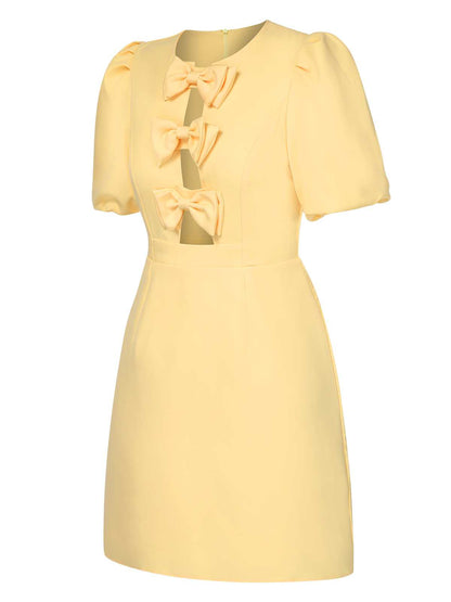 Yellow 1960s Bow Puff Sleeve Solid Dress