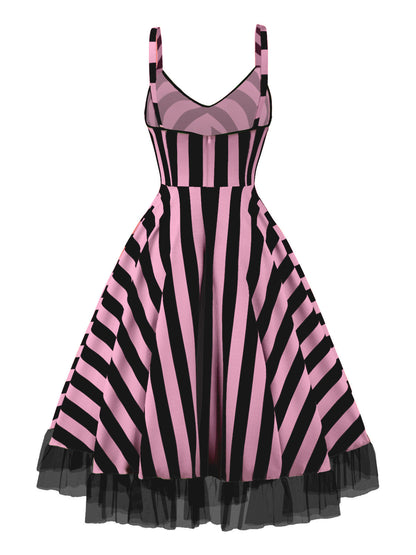[Pre-Sale] Black&Pink 1950s Striped Fluorescent Black Lace Dress