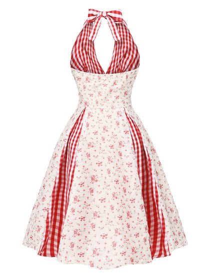 Red 1950s Countryside Floral Plaid Halter Dress
