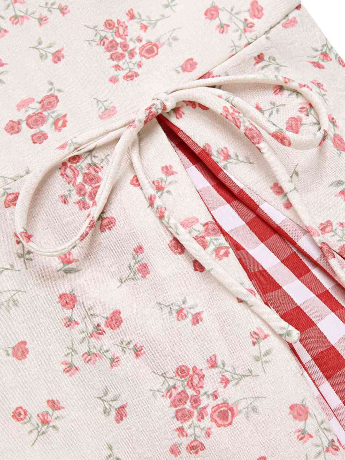 Red 1950s Countryside Floral Plaid Halter Dress