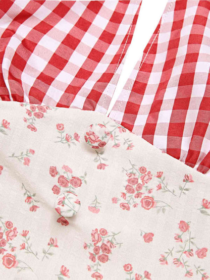Red 1950s Countryside Floral Plaid Halter Dress