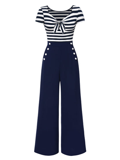 Red 1950s Hollow Bow Stripe Patchwork Jumpsuit