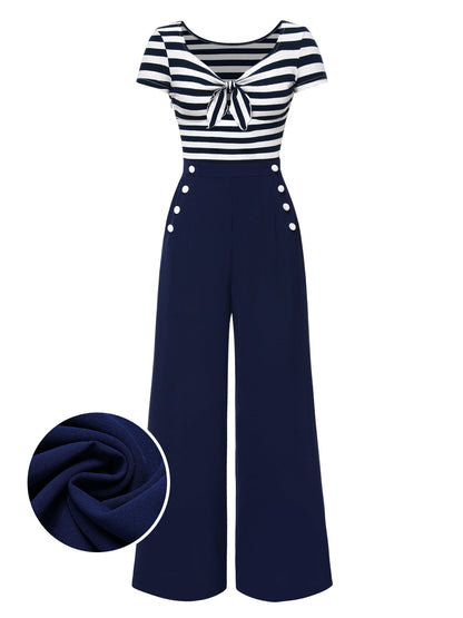 Red 1950s Hollow Bow Stripe Patchwork Jumpsuit