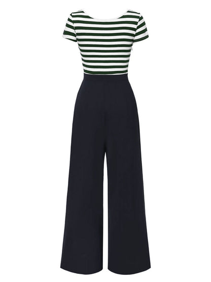 Red 1950s Hollow Bow Stripe Patchwork Jumpsuit