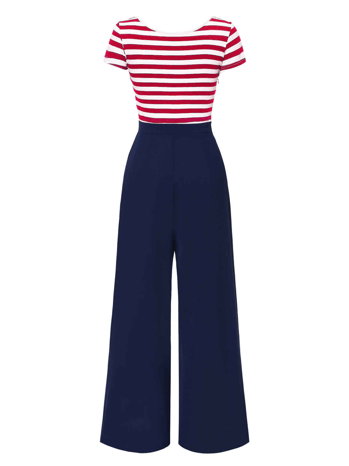 Red 1950s Hollow Bow Stripe Patchwork Jumpsuit