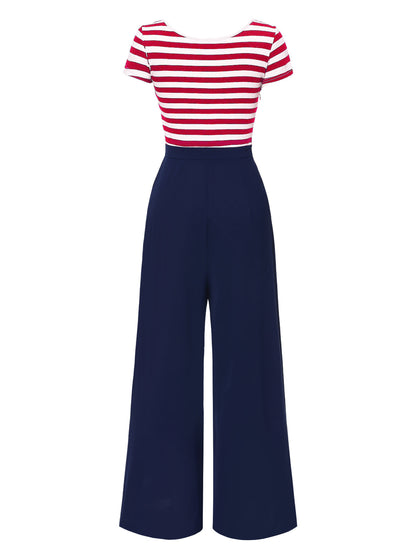 Red 1950s Hollow Bow Stripe Patchwork Jumpsuit