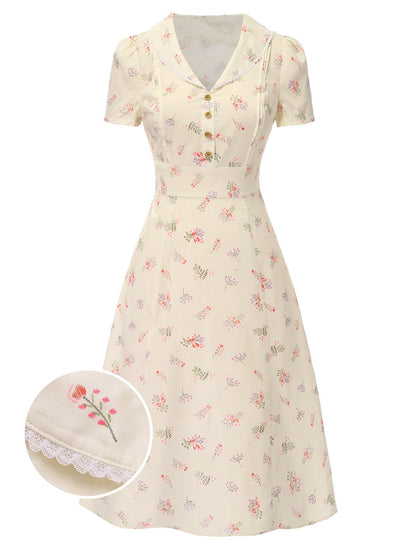 Pure Cotton Blue 1940s Puff Sleeves Floral Dress