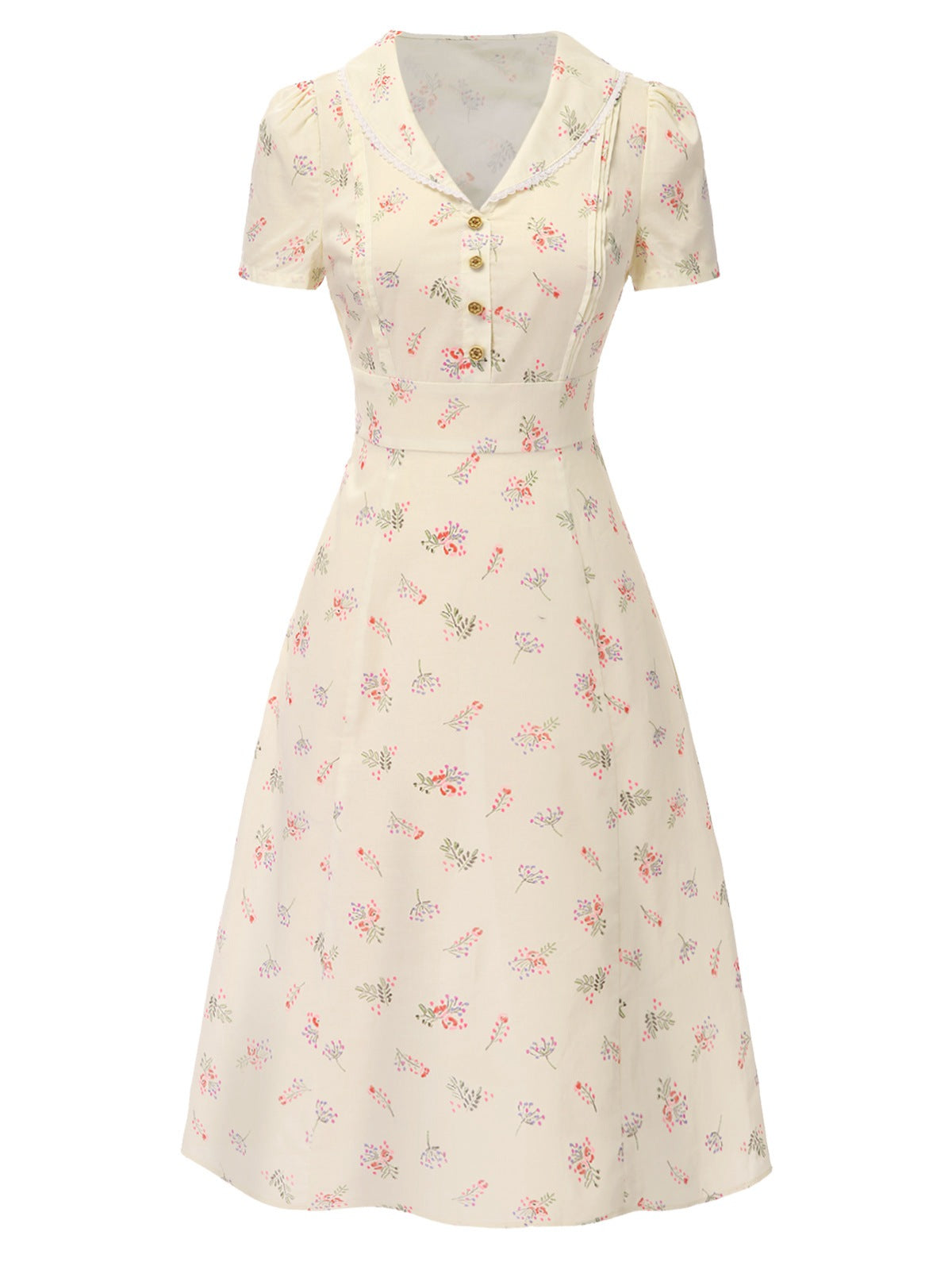 Pure Cotton Blue 1940s Puff Sleeves Floral Dress