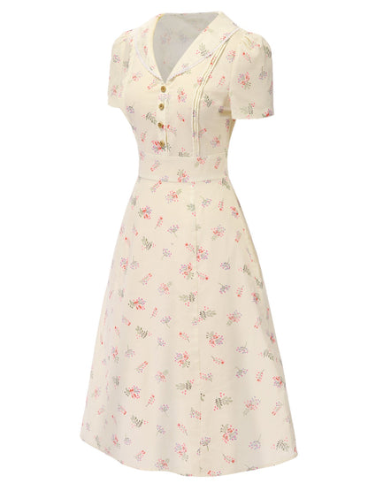 Pure Cotton Blue 1940s Puff Sleeves Floral Dress