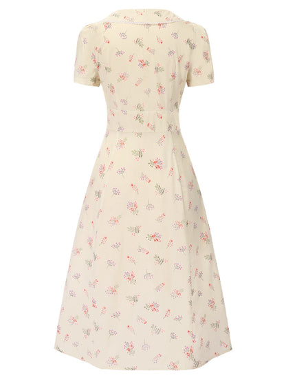 Pure Cotton Blue 1940s Puff Sleeves Floral Dress