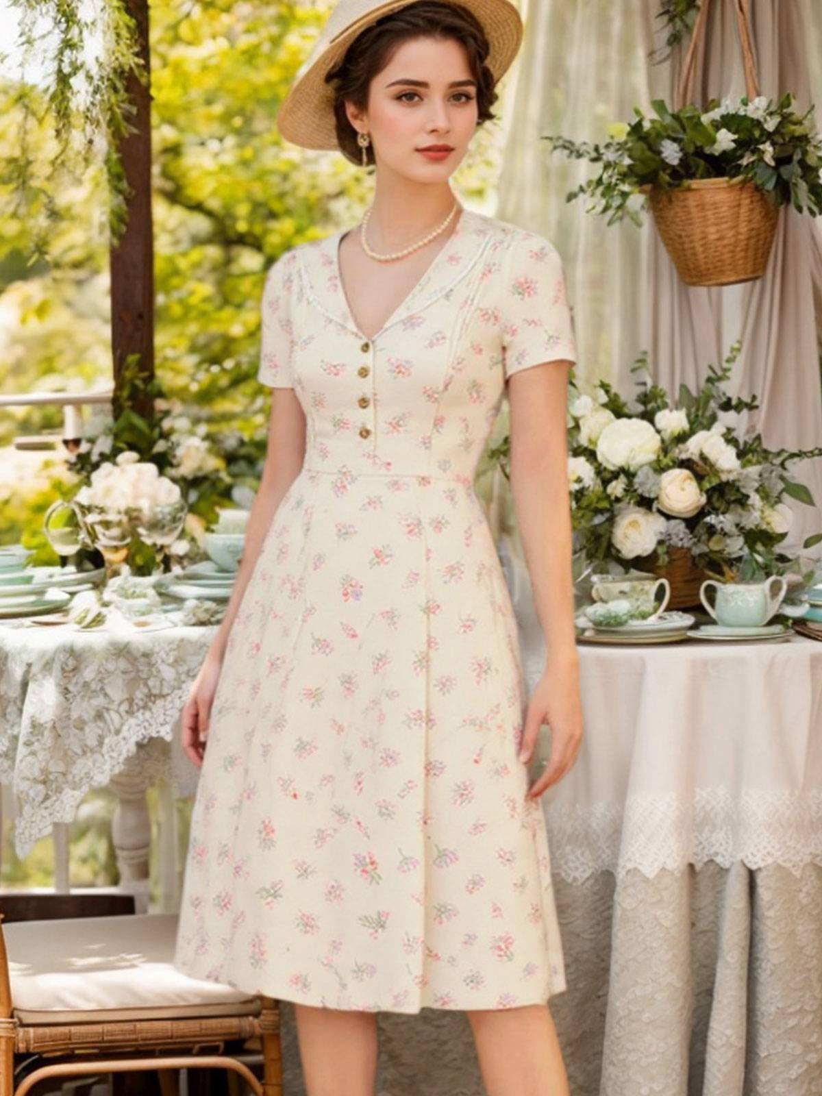 Pure Cotton Blue 1940s Puff Sleeves Floral Dress