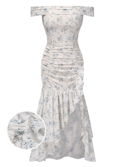 Blue 1930s Off-Shoulder Floral Ruffles Hem Dress