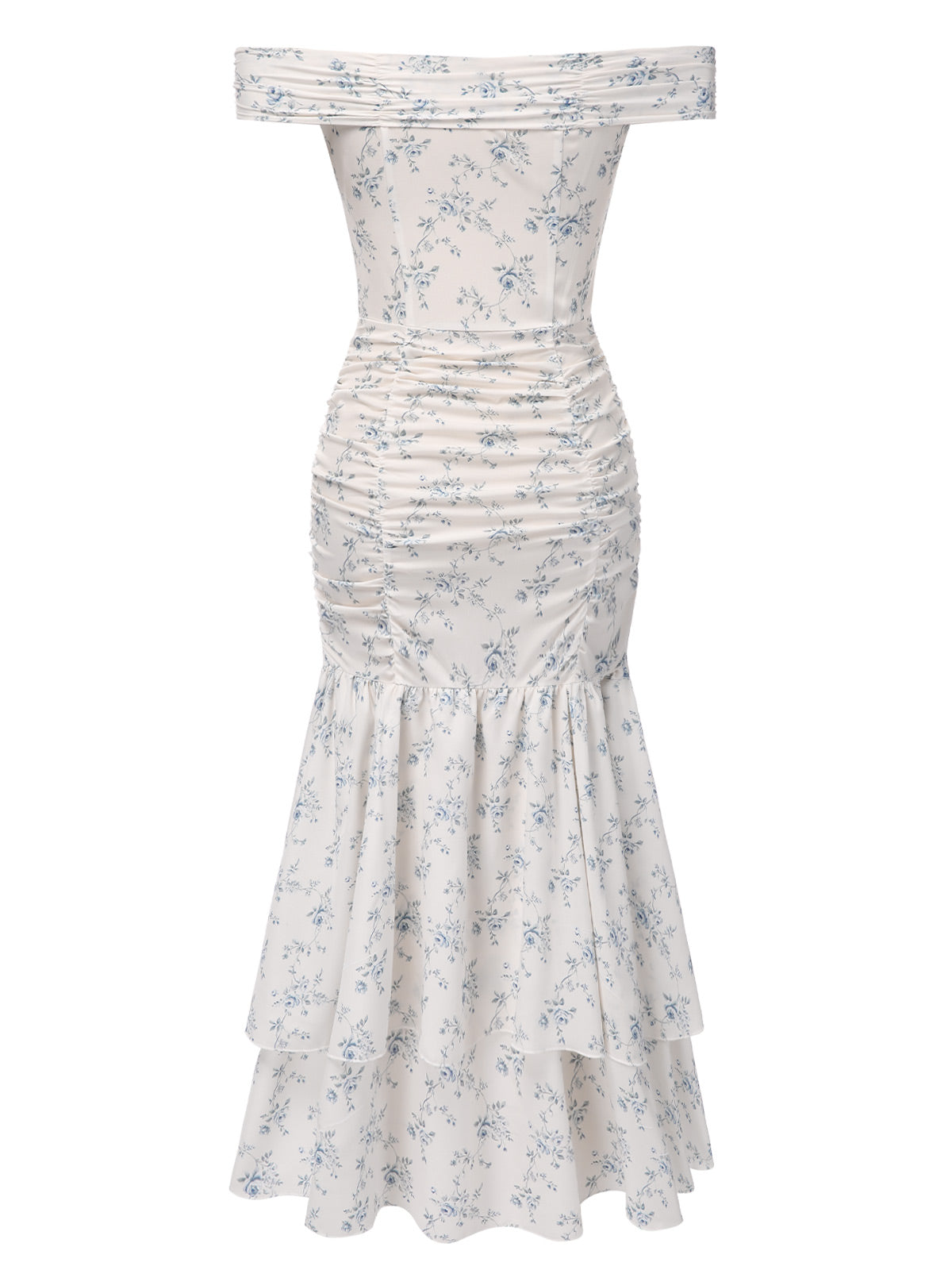 Blue 1930s Off-Shoulder Floral Ruffles Hem Dress