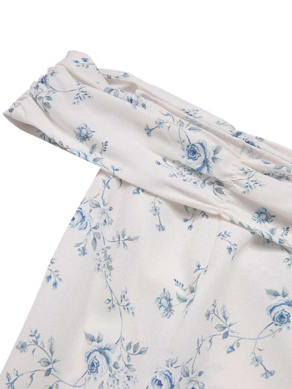 Blue 1930s Off-Shoulder Floral Ruffles Hem Dress