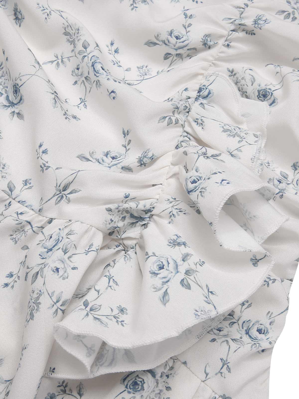 Blue 1930s Off-Shoulder Floral Ruffles Hem Dress