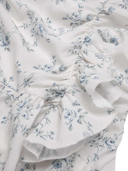 Blue 1930s Off-Shoulder Floral Ruffles Hem Dress