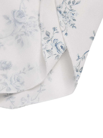 Blue 1930s Off-Shoulder Floral Ruffles Hem Dress