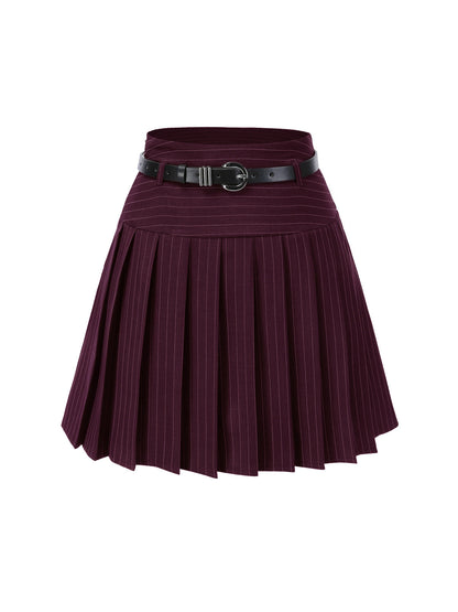 2PCS Dark Gray 1960s Pinstripes Top & Pleated Skirt