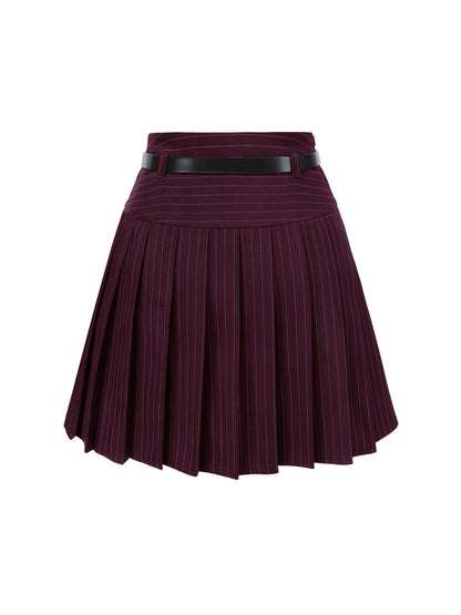 2PCS Dark Gray 1960s Pinstripes Top & Pleated Skirt