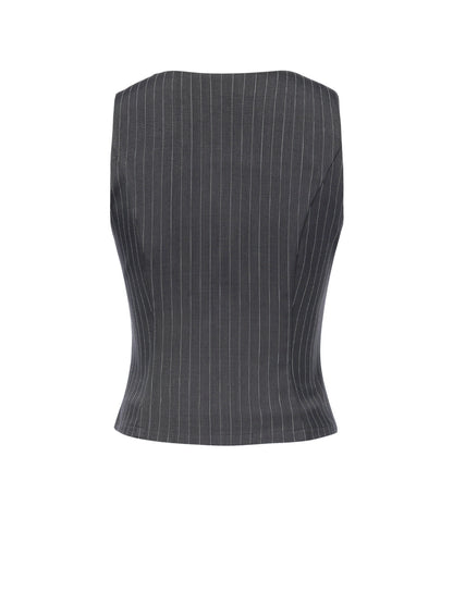 2PCS Dark Gray 1960s Pinstripes Top & Pleated Skirt