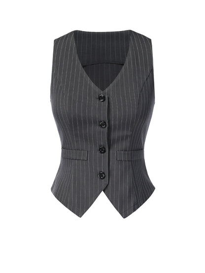 2PCS Dark Gray 1960s Pinstripes Top & Pleated Skirt